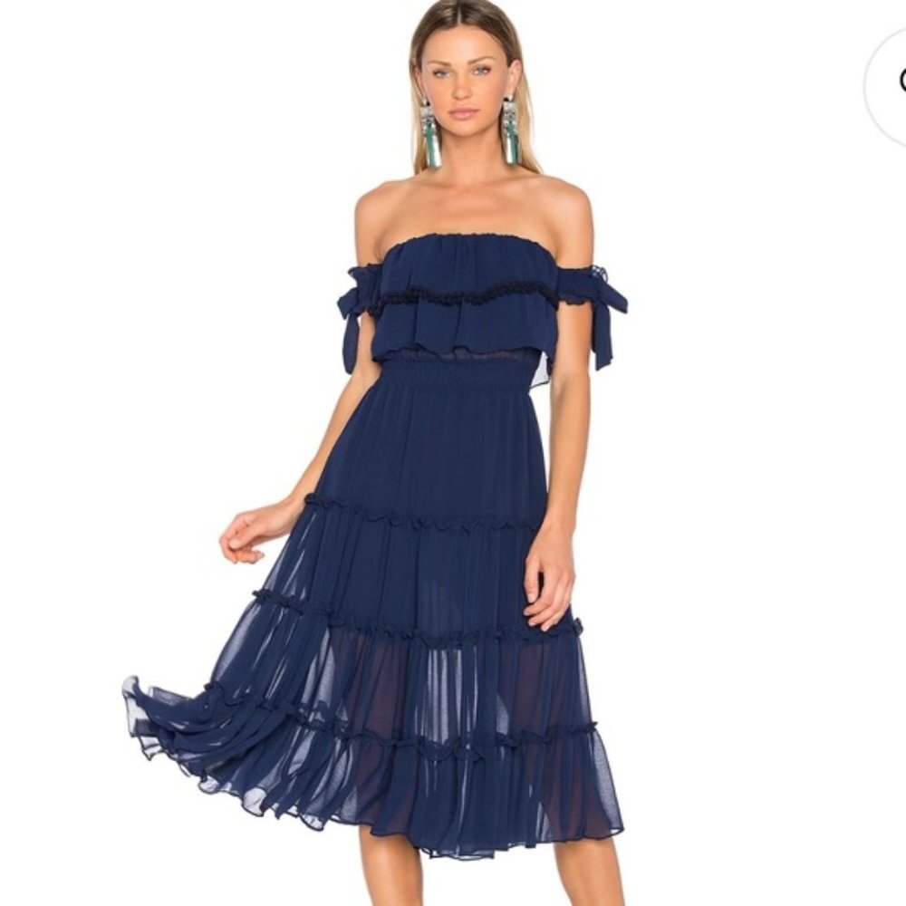 Misa Michaela Tiered Chiffon Off-Shoulder Midi Dress Navy Blue XS